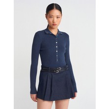 Semra İlhan Dik Yaka Çıtçıtlı Triko Kazak Indigo