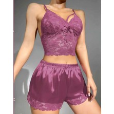 MyDora Lingerie Lüks Mor Saten Uyku Takımı Dantel Detaylı ve Ince Askılı