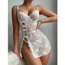 MyDora Lingerie Lüks  Beyaz Dantelli ve Taş Detaylı Yırtmaçlı Mini Gecelik