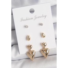 Inure Jewelry Pirinç Gold Renk Zirkon Taşlı Sallantılı Kalp Model 3 Çift Kadın Küpe Seti