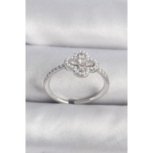 Inure Jewelry Pirinç Gümüş Renk Zirkon Taşlı Yonca Model Inci Detay Kadın Yüzük