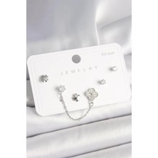 Inure Jewelry 925 Ayar Gümüş Çivi Pirinç Gümüş Renk Zirkon Taşlı Yonca Model Sallantı Zincir Detay Kadın Küpe Seti