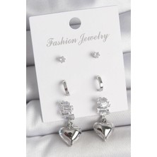 Inure Jewelry Pirinç Gümüş Renk Zirkon Taşlı Sallantılı Kalp Model Yarım Halka Detay 3 Çfit Kadın Küpe Seti