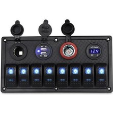 8'li On-Off Mavi Işıklı Anahtar Panel 2X5V USB 2xçakmaklık ve Voltaj Göstergeli