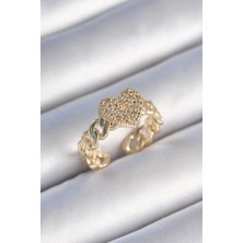 Inure Jewelry Pirinç Gold Renk Zincir Kordon Zirkon Taşlı Kalp Model Kadın Yüzük