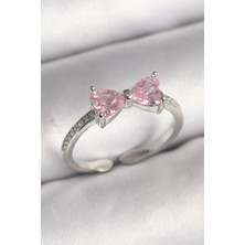 Inure Jewelry Pirinç Gümüş Renk Pembe Zirkon Taşlı Kalp Fiyonk Model Kadın Yüzük