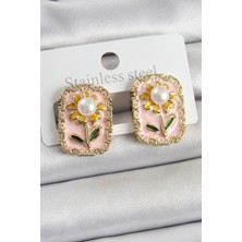 Inure Jewelry Pirinç Pembe Mineli Papatya Figürlü Sanatsal Portre Model Gold Renk Kadın Küpe