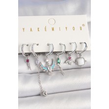 Inure Jewelry Pirinç Gümüş Renk Zirkon Taşlı Kuş Figür Çiçek Detay 6'lı Kadın Kombin Küpe