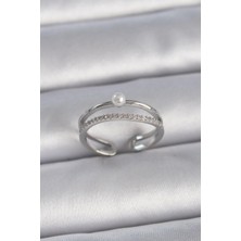 Inure Jewelry Pirinç Gümüş Renk Zirkon Taşlı Inci Detay Ayarlanabilir Model Kadın Yüzük