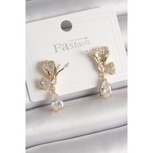 Inure Jewelry Pirinç Gold Renk Zirkon Taşlı Turna Kuşu Model Sallantı Detay Kadın Küpe