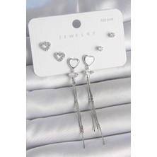 Inure Jewelry Pirinç Gümüş Sallantı Beyaz Mineli Kalp Model Zirkon Taşlı Kalp Detay 925 Ayar Gümüş Çivi Kadın Küpe Seti