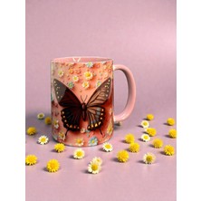 Kaygusuz Kelebek ve Papatya Desenli Pembe Kulplu Porselen Kupa Bardak