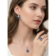 Keskin Gümüş 925 Ayar Gümüş Mistik Topaz Taşlı Kare Damla Tasarım Kolye Küpe Yüzük Kadın Set Doğum Günü Hediye