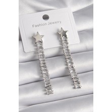 Inure Jewelry Pirinç Gümüş Renk Yıldız Model Su Yolu Zirkon Taş Kadın Küpe