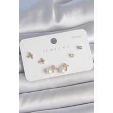 Inure Jewelry Pirinç Gold Renk Zirkon Taşlı Kelebek Model Inci Detay 925 Ayar Gümüş Çivi Kadın Küpe Seti