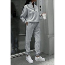 Moda Paketi Kadın Yarım Fermuarlı 3 Iplik Şardonlu Eşofman Takımı – Dik Yaka Sweatshirt & Jogger Pantolon