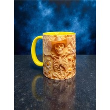 Kaygusuz Kovboy Şapkalı Iskelet Baskılı Kupa - Sarı Renkli Içi ve Kulplu Papatya Desenli Bardak