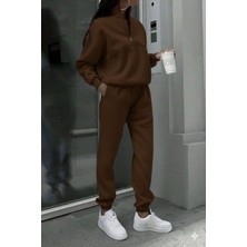 Moda Paketi Kadın Yarım Fermuarlı 3 Iplik Şardonlu Eşofman Takımı – Dik Yaka Sweatshirt & Jogger Pantolon