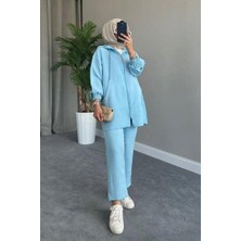 Tesettür Diyarı Fermuar Detaylı Kapüşonlu Spor Tesettür Takım- Bebe Mavisi