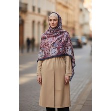 Çiçek Desenli Kehribar Şal 70357-04 Lacivert Mürdüm