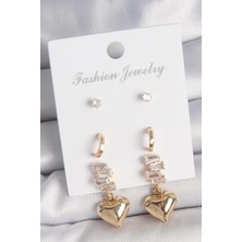 Inure Jewelry Pirinç Gold Renk Zirkon Taşlı Sallantılı Kalp Model Yarım Halka Detay 3 Çift Kadın Küpe Seti