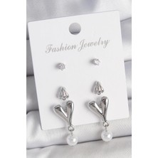 Inure Jewelry Pirinç Gümüş Renk Zirkon Taşlı Sallantılı Kalp Model 3 Çift Kadın Küpe Seti