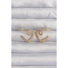 Inure Jewelry Pirinç Gold Renk Zirkon Taşlı Kıvrımlı Yarım Kalp Küpe