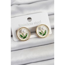 Inure Jewelry Pirinç Beyaz Mineli Lale Figürlü Sanatsal Portre Model Gold Renk Kadın Küpe