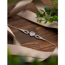 Erdobia 925 Ayar Pembe Taşlı Rodyum Pırlanta Görünümlü Kalp Gümüş Bileklik