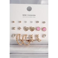 Inure Jewelry Pirinç Gold Renk Zirkon Taşlı Burug Halka Model Işlemeli Kalp Detay 9 Çift Kadın Küpe Seti