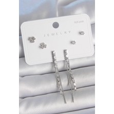 Inure Jewelry Pirinç Gümüş Renk Su Yolu Zirkon Taşlı Sallantı Model Çiçek Detay 925 Ayar Gümüş Çivi Kadın Küpe Seti