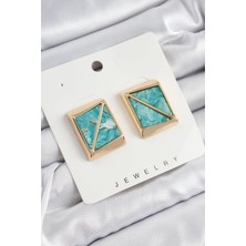 Inure Jewelry Pirinç Turkuaz Üçgen Kesim Detaylı Kare Model Vintage Gold Renk Kadın Küpe