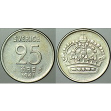 Banknoting Isveç 25 Öre 1961 Gümüş 2,3 Gr.
