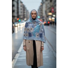 Çiçek Desenli Kehribar Şal 70358-07 Buz Mavisi
