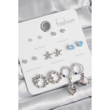 Inure Jewelry Pirinç Gümüş Renk Incli Zirkon Taşlı Halka Figür Yıldız Detay 7 Çift Kadın Küpe Seti