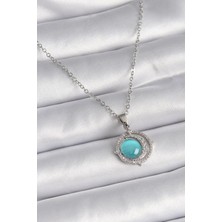 Inure Jewelry 316L Çelik Gümüş Renk Mavi Sedefli Hilal Model Kadın Kolye