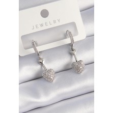 Inure Jewelry Pirinç Gümüş Renk Zirkon Taşlı Sallantı Kalp Model Kadın Küpe