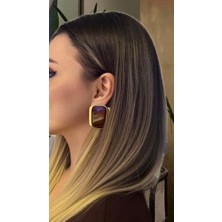 Dore Kahverengi Mineli Dikdörtgen Form Gold Çelik Küpe-Şık & Modern Tasarım