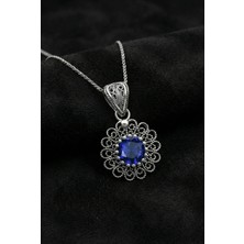 Erdobia Eylül Safir Doğum Taşı Çiçek Motifli Telkari Gümüş Kolye