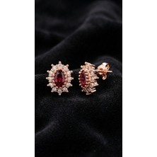 Erdobia Yakut Taşlı Rose Oval Anturaj Minimal Çivili Gümüş Küpe