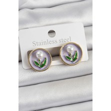 Inure Jewelry Pirinç Mor Mineli Lale Figürlü Sanatsal Portre Model Gold Renk Kadın Küpe