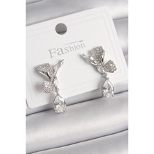 Inure Jewelry Pirinç Gümüş Renk Zirkon Taşlı Turna Kuşu Model Sallantı Detay Kadın Küpe