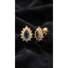 Erdobia Safir Taşlı Gold Damla Anturaj Minimal Çivili Gümüş Küpe