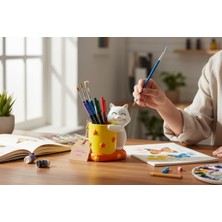 Kelebek Rüyası Sanat Atölyesi Dekoratif Kedi Figürlü Kalemlik ( Sarı )