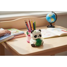 Kelebek Rüyası Sanat Atölyesi Dekoratif Panda Figürlü Kalemlik,fırçalık,saksı ( Pembe)