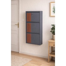 Karlı 3'lü Kilitli Antrasit Metal Ayakkabılık ( Yeni Ahşap Desenli)