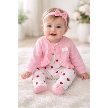 Efel Kız Bebek Kalpli Tulum ve Pembe Hırka Takımı – Yumuşak Pamuklu, Günlük ve Özel Gün Kullanımına Uygun