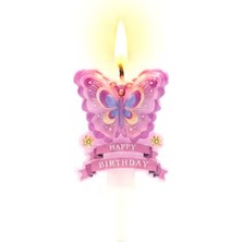 Parti Sürprizi Pembe Kelebek Happy Birthday Çiçekli Mum 1 Adet