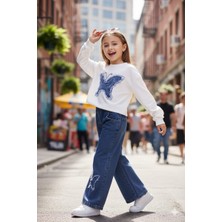 Miviko Kız Çocuk  Takımı  Alt Ust Set Mevsimlik Kelebek Nakışlı  Yumuşak  Kotlu  Kot Beli Lastıkli .pamuk Kumaş