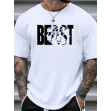 ModaSize Baskılı Oversize Bisiklet Yaka T-Shirt - Beyaz